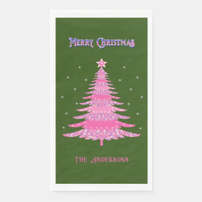 Elegant Pink Christmas Tree Name Custom Green Paper Guest Towels (Front)