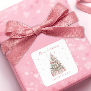 Elegant Pink Christmas Tree Name Sticker