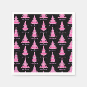 Elegant Pink Christmas Tree Pattern Black Napkins