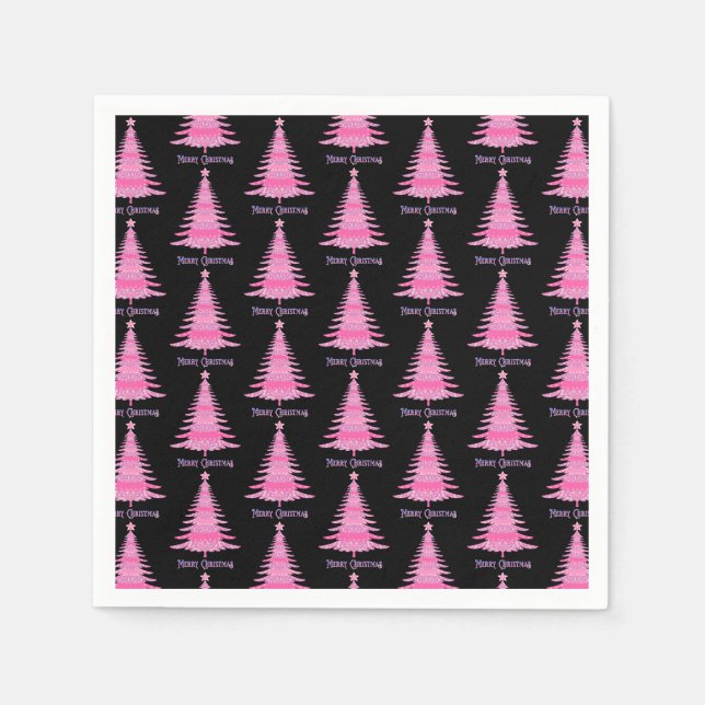 Elegant Pink Christmas Tree Pattern Black Napkins (Front)