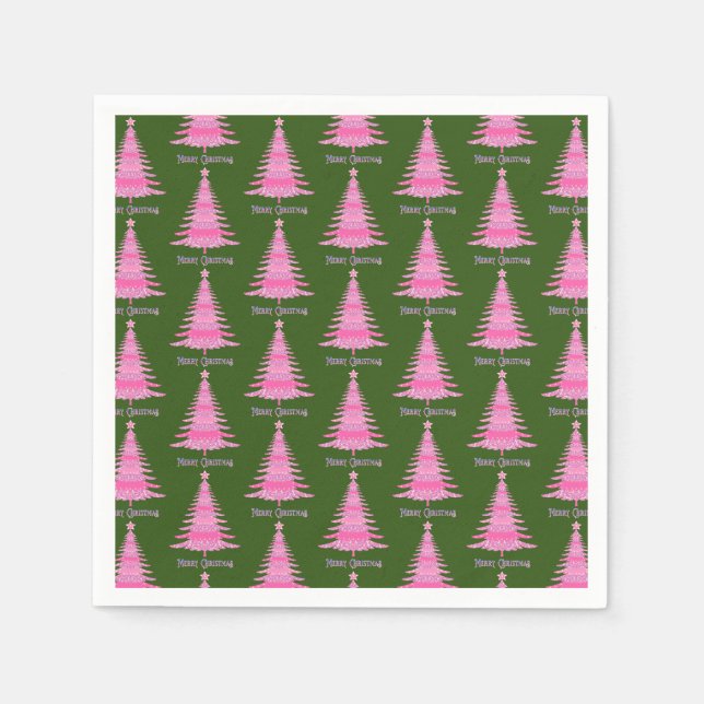 Elegant Pink Christmas Tree Pattern Green Napkins (Front)