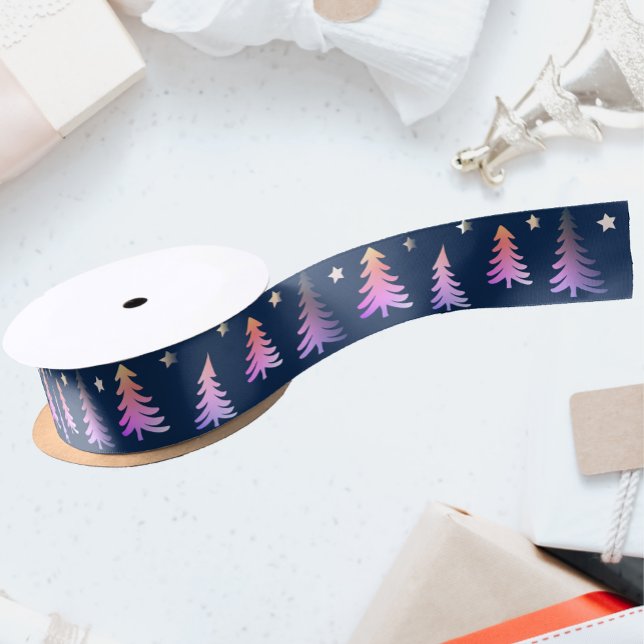 Elegant pink Christmas trees blue Satin Ribbon (Creator Uploaded)