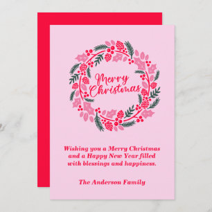 Elegant Pink Christmas Wreath Holiday Card