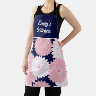 Elegant Pink Chrysanthemum Floral Navy Apron