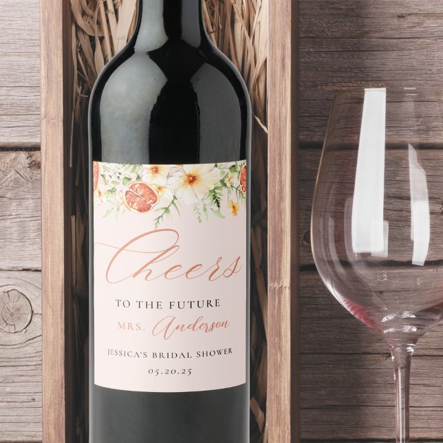 Elegant Pink Citrus Floral Bridal Shower Wine Label (Creator Uploaded)