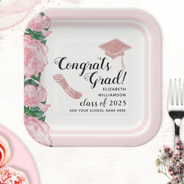 Elegant Pink Class 2025 Congrats Grad Graduation Paper Plates (Creator Uploaded)