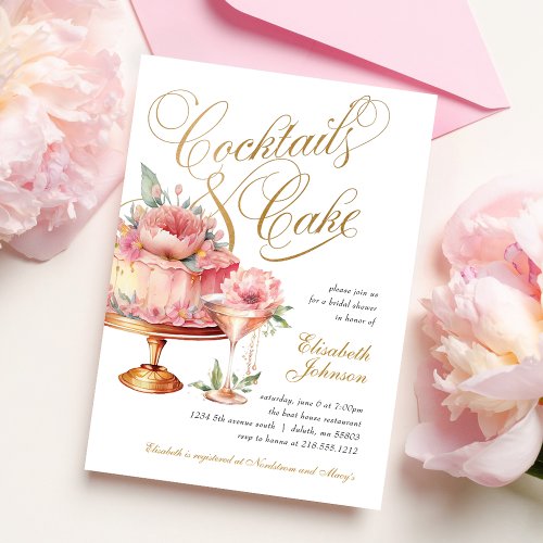 Elegant Pink Cocktails and Cake Bridal Shower Invitation