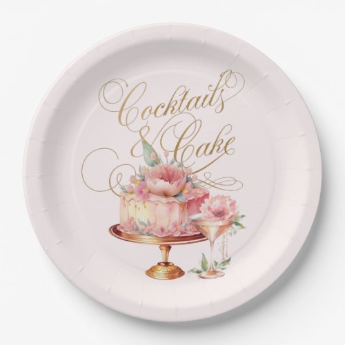 Elegant Pink Cocktails and Cake Bridal Shower Paper Plates