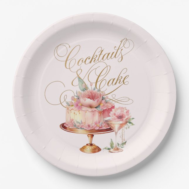 Elegant Pink Cocktails and Cake Bridal Shower Paper Plates (Front)