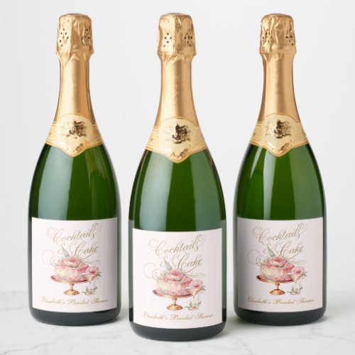 Elegant Pink Cocktails and Cake Bridal Shower Sparkling Wine Label