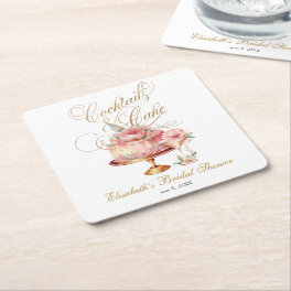 Elegant Pink Cocktails and Cake Bridal Shower Square Paper Coaster