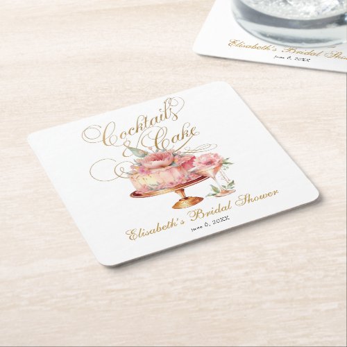 Elegant Pink Cocktails and Cake Bridal Shower Square Paper Coaster
