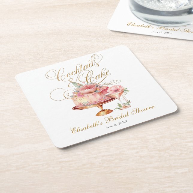 Elegant Pink Cocktails and Cake Bridal Shower Square Paper Coaster (Angled)