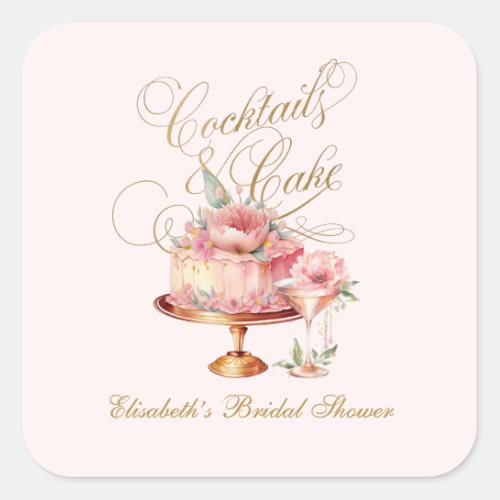 Elegant Pink Cocktails and Cake Bridal Shower Square Sticker