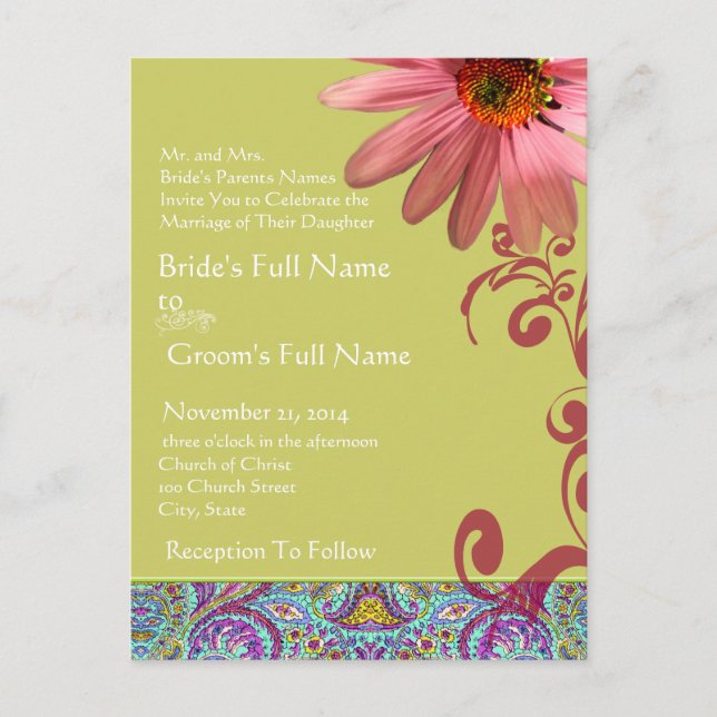 Elegant Pink ConeFlower Paisley Wedding Invitation (Front)