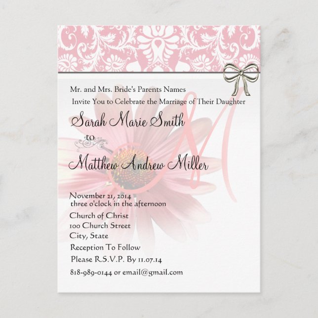 Elegant Pink Coneflower Wedding Invitation Postcard (Front)