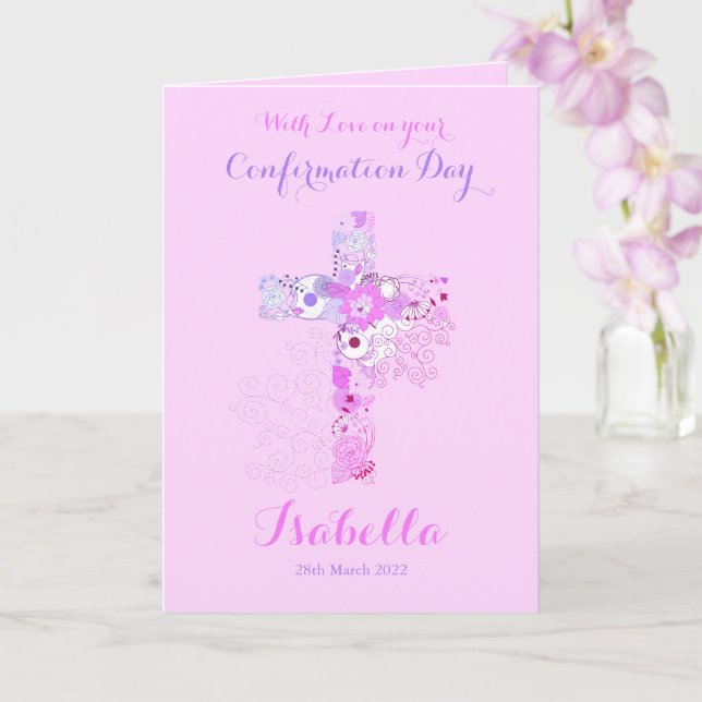 Elegant pink confirmation floral cross name card (Orchid)