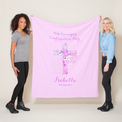 Elegant pink confirmation floral cross name fleece blanket