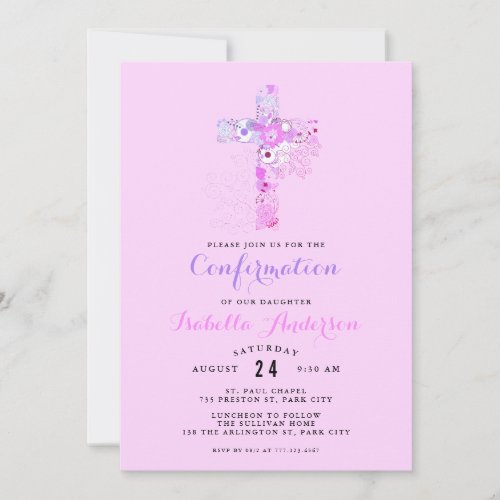 Elegant pink confirmation floral cross name  invitation