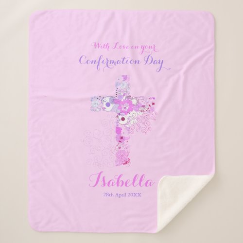 Elegant pink confirmation floral cross  sherpa blanket