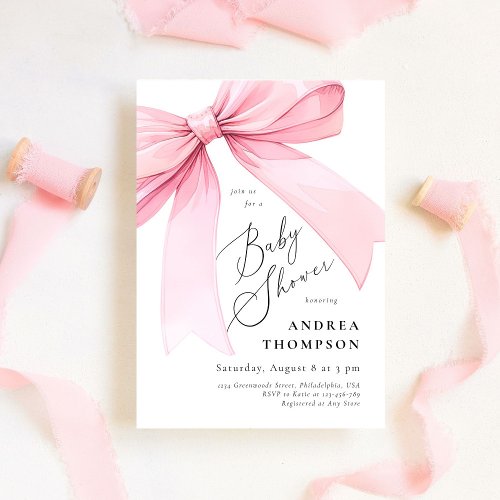 Elegant Pink Coquette Bow Baby Shower Girl Invitation