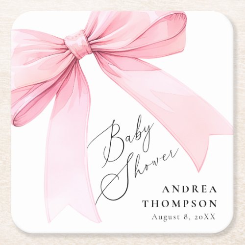 Elegant Pink Coquette Bow Baby Shower Girl Square Paper Coaster