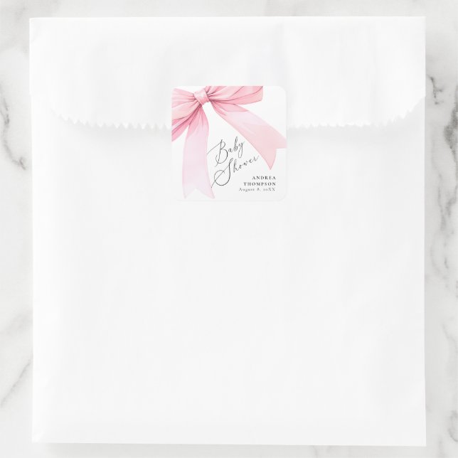 Elegant Pink Coquette Bow Baby Shower Girl Square Sticker (Bag)