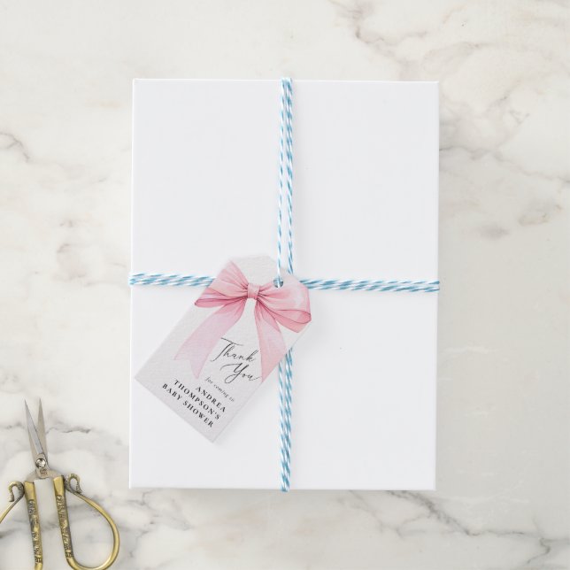 Elegant Pink Coquette Bow Baby Shower Thank You Gift Tags (With Twine)