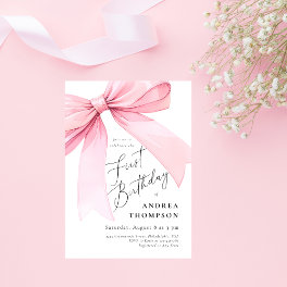 Elegant Pink Coquette Bow First BIrthday Girl Invitation