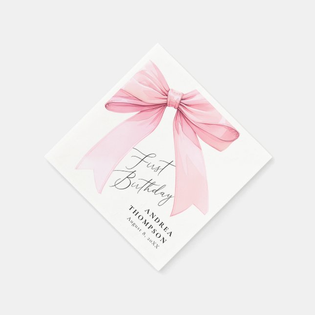 Elegant Pink Coquette Bow First Birthday Girl Napkins (Corner)