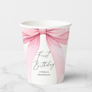 Elegant Pink Coquette Bow First Birthday Girl Paper Cups