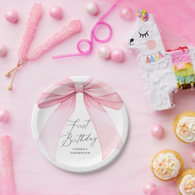 Elegant Pink Coquette Bow First Birthday Girl Paper Plates (Party)
