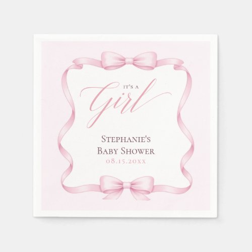Elegant Pink Coquette Bow Floral Baby Shower Napkins