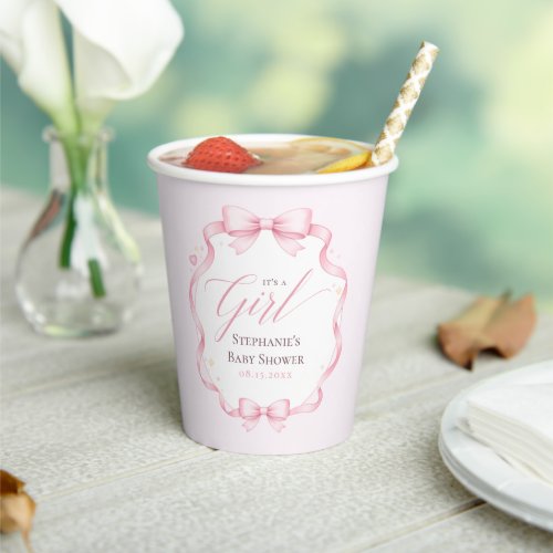 Elegant Pink Coquette Bow Floral Baby Shower Paper Cups