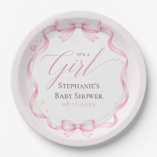 Elegant Pink Coquette Bow Floral Baby Shower Paper Plates