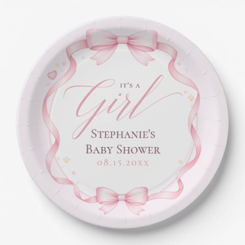 Elegant Pink Coquette Bow Floral Baby Shower Paper Plates