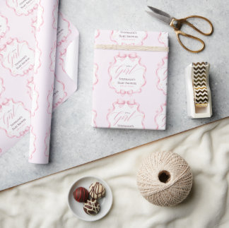 Elegant Pink Coquette Bow Floral Baby Shower Wrapping Paper