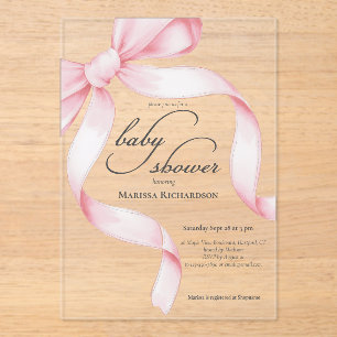 Elegant Pink Coquette Bow Girl Baby Shower Acrylic Invitations