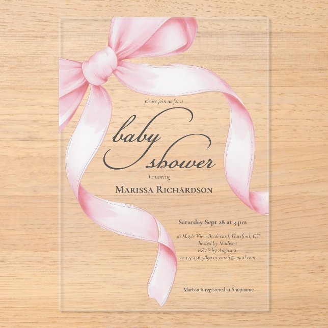 Elegant Pink Coquette Bow Girl Baby Shower Acrylic Invitations (Front)