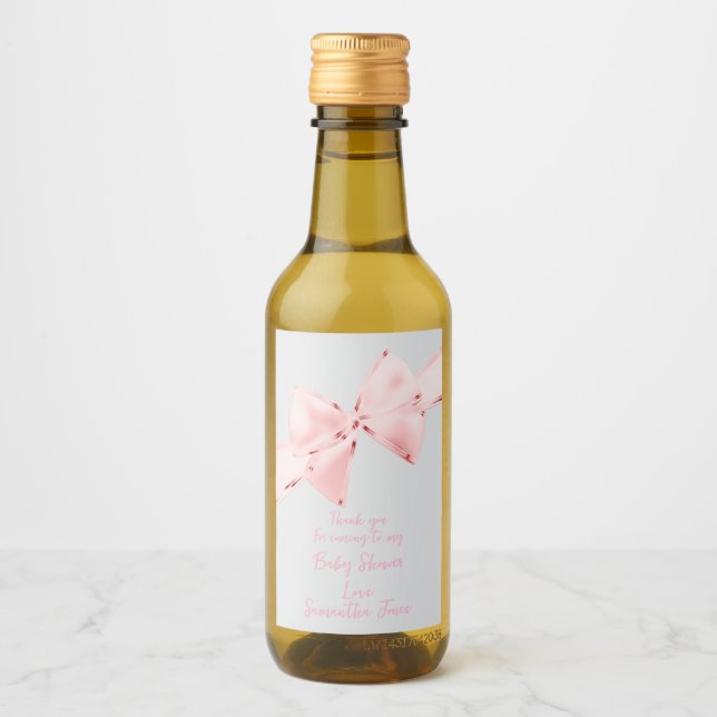 Elegant Pink Coquette Bow Girl Baby Shower Mini Wine Label (Front)