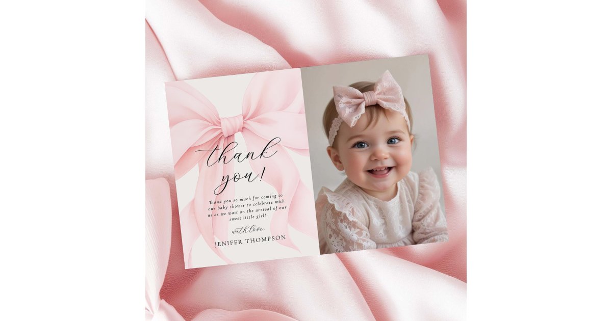 Elegant Pink Coquette Bow Girl Baby Shower Photo Thank You Card | Zazzle