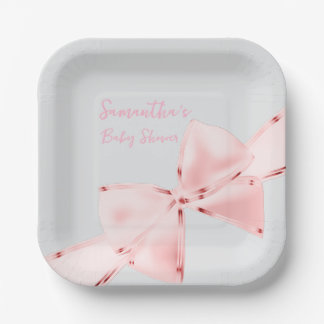 Elegant Pink Coquette Bow Girl Baby Shower Square Paper Plates