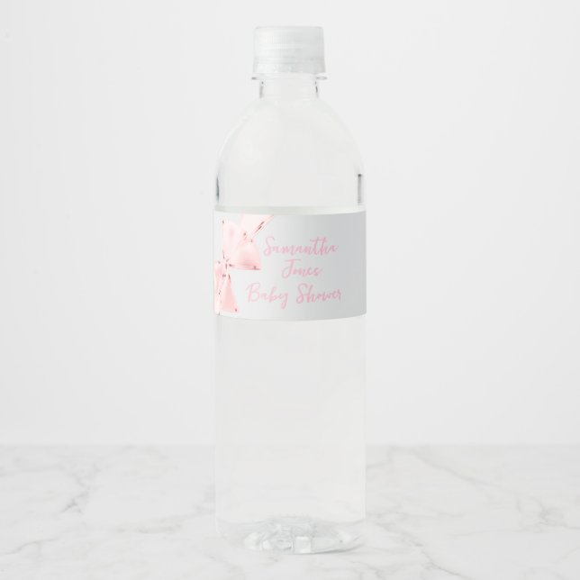 Elegant Pink Coquette Bow Girl Baby Shower Water Bottle Label (Front)
