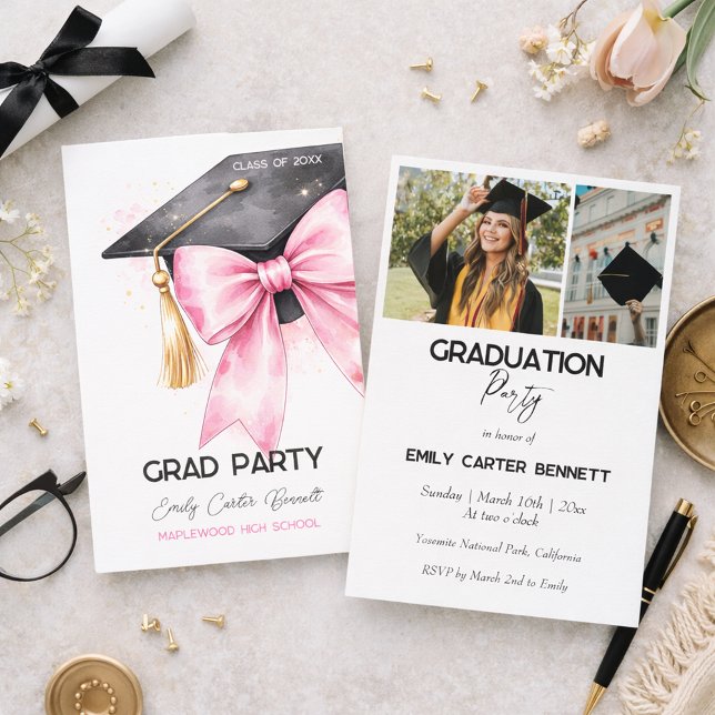 Elegant Pink Coquette Bow Graduation Hat Phtoto Invitation (Creator Uploaded)