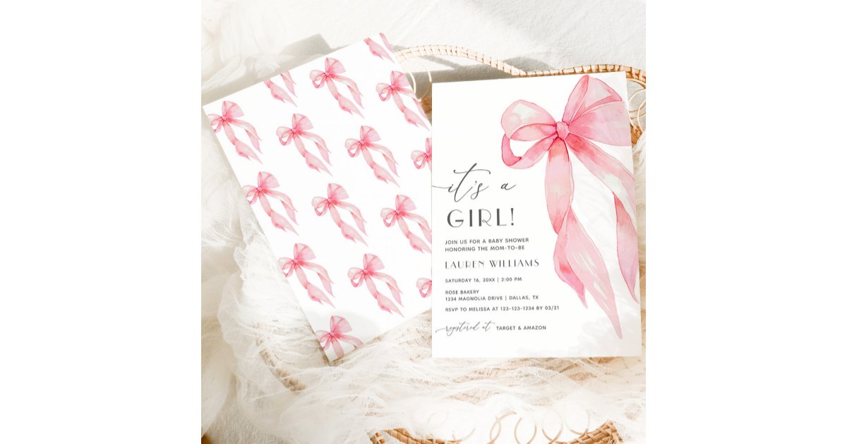 Elegant Pink Coquette Bow Its A Girl Baby Shower Invitation | Zazzle