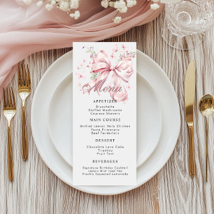 Elegant Pink Coquette Bow Pearls Menu Card