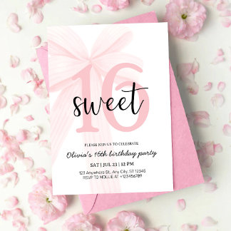 Elegant Pink Coquette Bow Sweet 16 Birthday Invitation