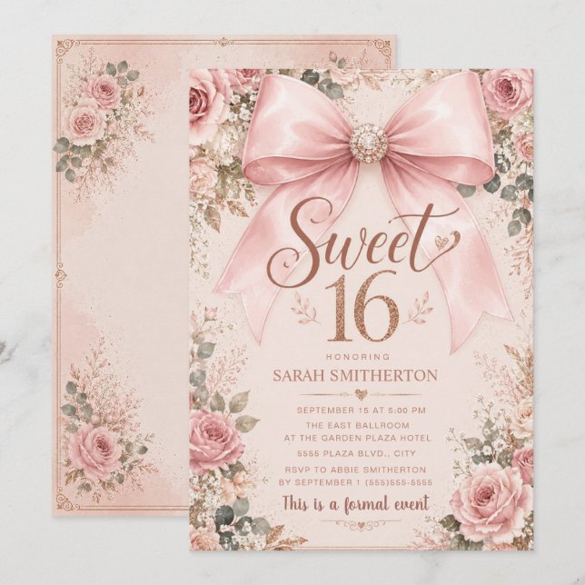 Elegant Pink Coquette Bow Sweet 16 Invitation (Front/Back)