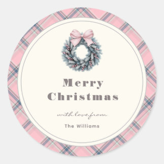 Elegant Pink Coquette Xmas Wreath Preppy Plaid Classic Round Sticker