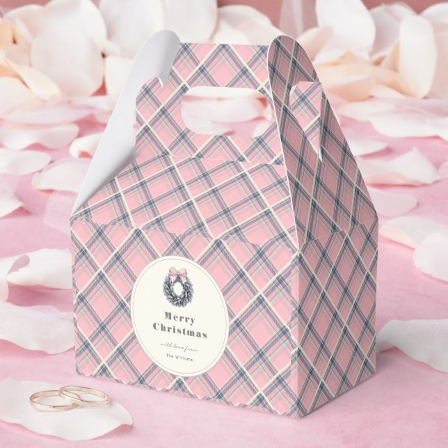 Elegant Pink Coquette Xmas Wreath Preppy Plaid Favor Boxes (Wedding)
